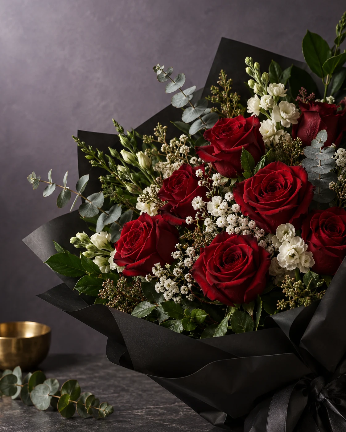 Illustrative black-label bouquet — original artwork, not exact Orchids inventory or premises.